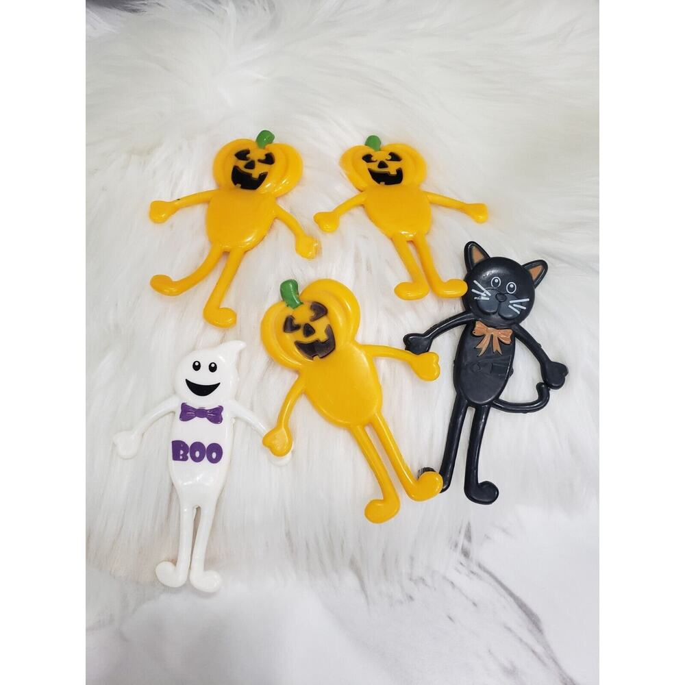 Vintage Bendy Rubber Figure Toy‎ Bendable Halloween Pumpkin Ghost Black Cat Lot